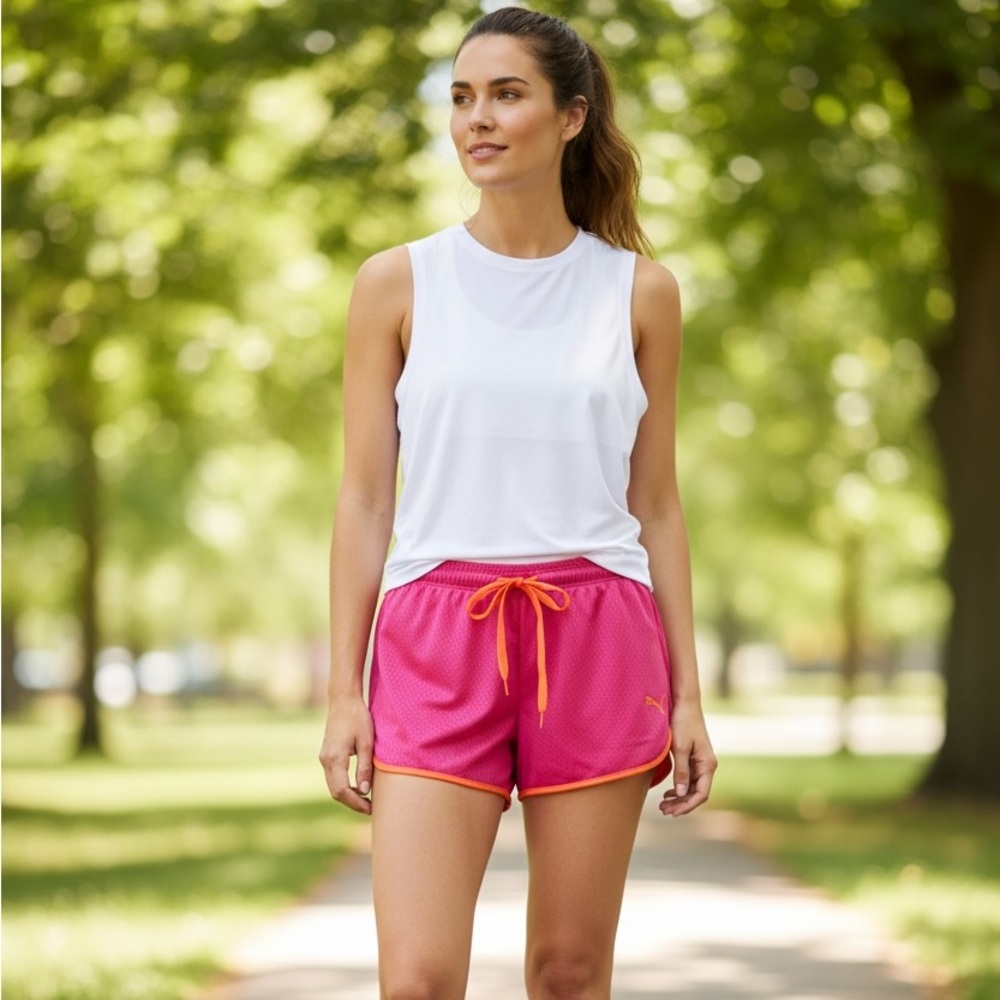 PUMA Women's Mesh Athletic Shorts in Magenta with Orange Trim large